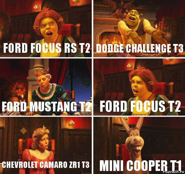 Ford focus RS T2 Dodge challenge T3 Ford mustang T2 Ford focus T2 Chevrolet Camaro ZR1 T3 Mini cooper T1, Комикс  Шрек Фиона Гарольд Осел