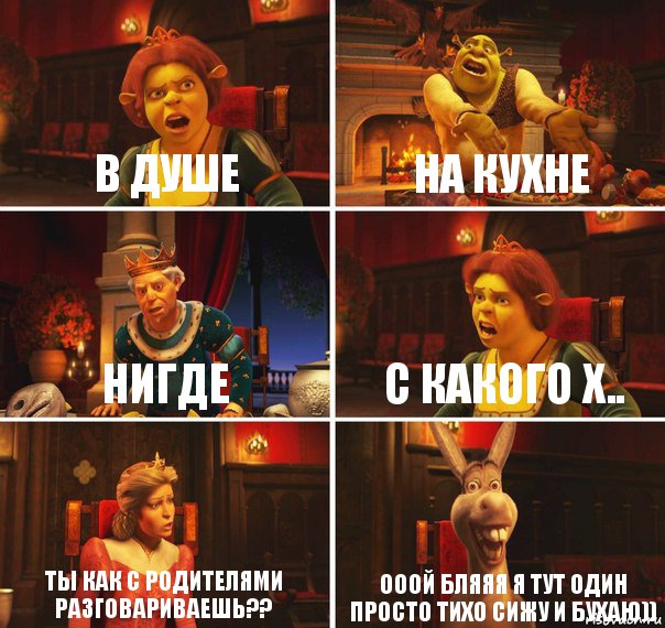 в душе на кухне нигде с какого х.. ты как с родителями разговариваешь?? ооой бляяя я тут один просто тихо сижу и бухаю)), Комикс  Шрек Фиона Гарольд Осел