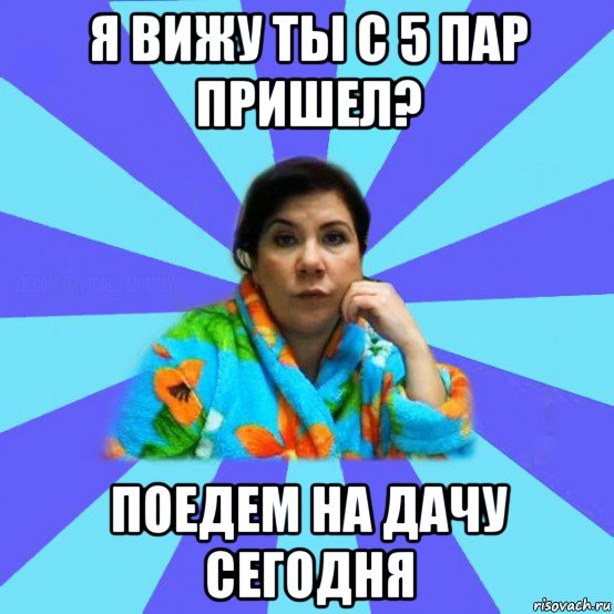 я вижу ты с 5 пар пришел? поедем на дачу сегодня, Мем типичная мама