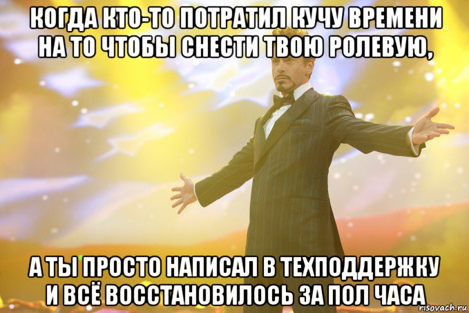 когда кто-то потратил кучу времени на то чтобы снести твою ролевую, а ты просто написал в техподдержку и всё восстановилось за пол часа, Мем Тони Старк (Роберт Дауни младший)