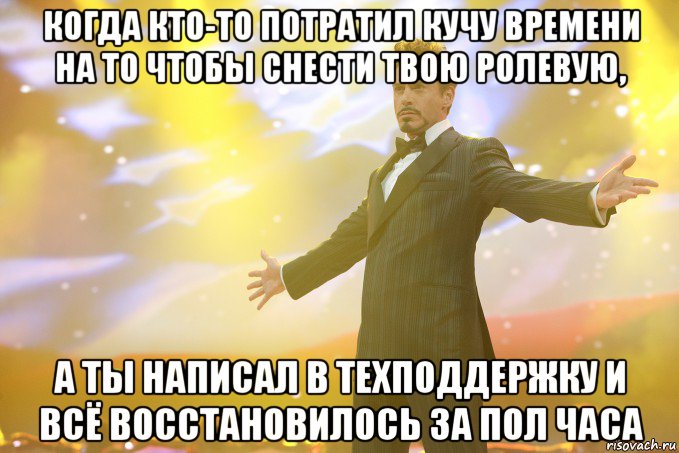 когда кто-то потратил кучу времени на то чтобы снести твою ролевую, а ты написал в техподдержку и всё восстановилось за пол часа, Мем Тони Старк (Роберт Дауни младший)