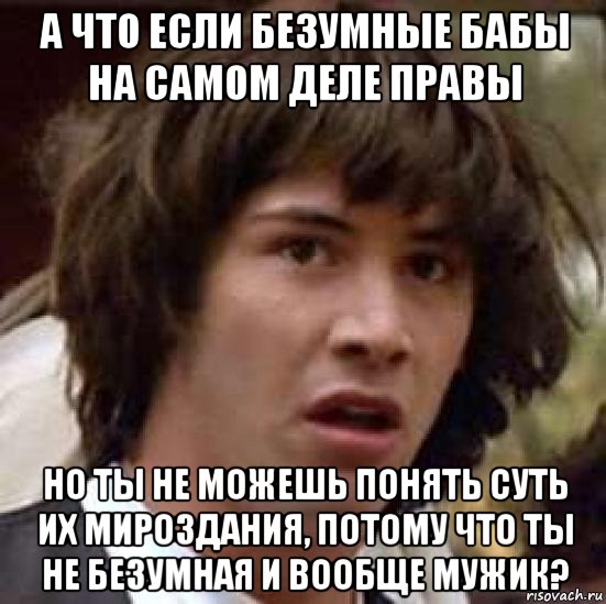 а что если безумные бабы на самом деле правы но ты не можешь понять суть их мироздания, потому что ты не безумная и вообще мужик?, Мем А что если (Киану Ривз)