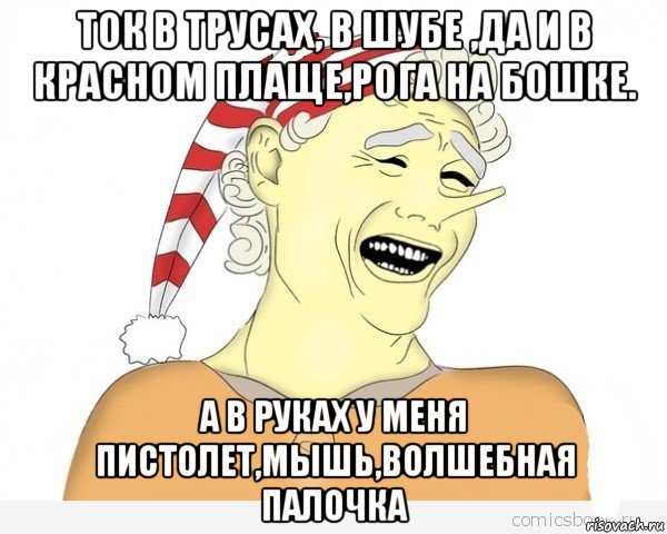 ток в трусах, в шубе ,да и в красном плаще,рога на бошке. а в руках у меня пистолет,мышь,волшебная палочка, Мем буратино