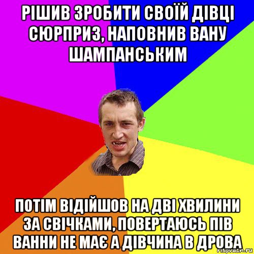 рішив зробити своїй дівці сюрприз, наповнив вану шампанським потім відійшов на дві хвилини за свічками, повертаюсь пів ванни не має а дівчина в дрова, Мем Чоткий паца