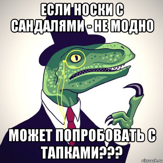 если носки с сандалями - не модно может попробовать с тапками???, Мем  Филосораптор-вектор