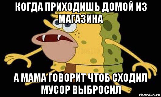 когда приходишь домой из магазина а мама говорит чтоб сходил мусор выбросил, Мем Губка Боб дикарь