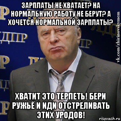 зарплаты не хватает? на нормальную работу не берут? а хочется нормальной зарплаты? хватит это терпеть! бери ружьё и иди отстреливать этих уродов!, Мем Хватит это терпеть (Жириновский)