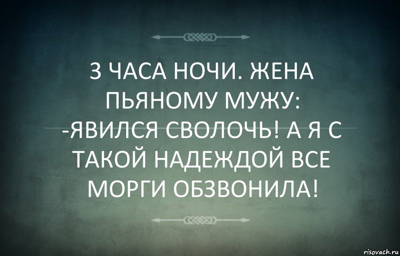 3 ЧАСА НОЧИ. ЖЕНА ПЬЯНОМУ МУЖУ:
-ЯВИЛСЯ СВОЛОЧЬ! А Я С ТАКОЙ НАДЕЖДОЙ ВСЕ МОРГИ ОБЗВОНИЛА!, Комикс Игра слов 3