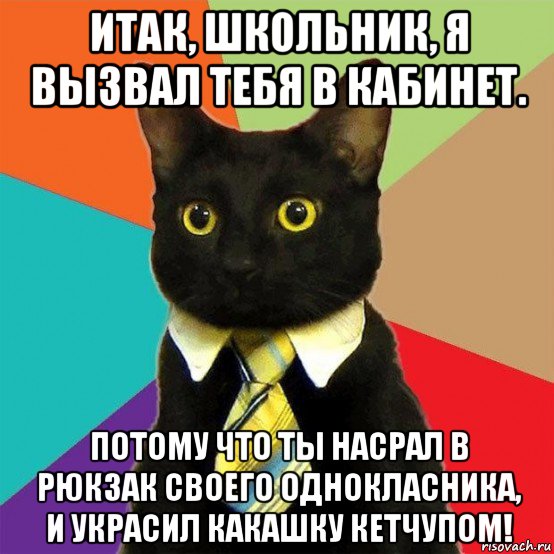 итак, школьник, я вызвал тебя в кабинет. потому что ты насрал в рюкзак своего однокласника, и украсил какашку кетчупом!, Мем  Кошечка