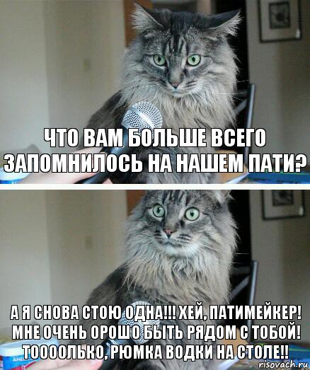 Что вам больше всего запомнилось на нашем пати? А Я СНОВА СТОЮ ОДНА!!! Хей, патимейкер! Мне очень орошо быть рядом с тобой! ТОооолько, рюмка водки на столе!!, Комикс  кот с микрофоном