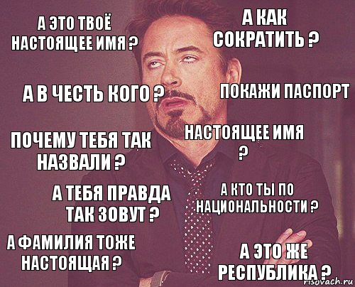 А это твоё настоящее имя ? А как сократить ? Почему тебя так назвали ? А фамилия тоже настоящая ? А кто ты по национальности ? Настоящее имя ? А тебя правда так зовут ? А это же республика ? А в честь кого ? Покажи паспорт, Комикс мое лицо