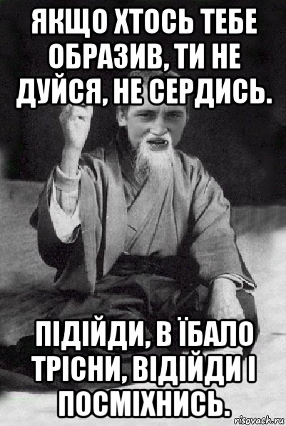 якщо хтось тебе образив, ти не дуйся, не сердись. підійди, в їбало трісни, відійди і посміхнись., Мем Мудрий паца