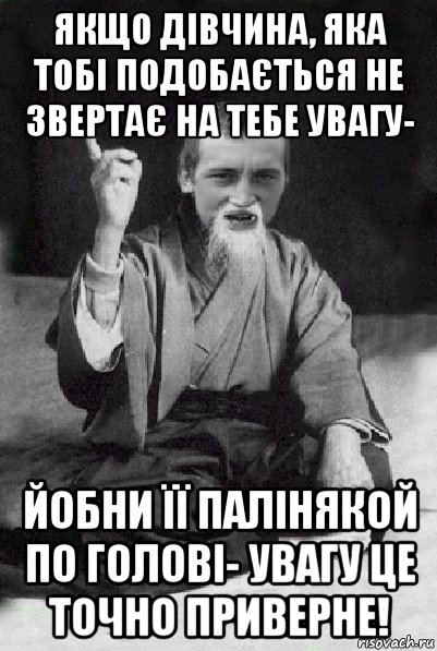 якщо дівчина, яка тобі подобається не звертає на тебе увагу- йобни її палінякой по голові- увагу це точно приверне!, Мем Мудрий паца