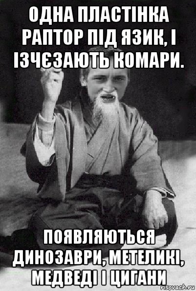 одна пластінка раптор під язик, і ізчєзають комари. появляються динозаври, метеликі, медведі і цигани, Мем Мудрий паца