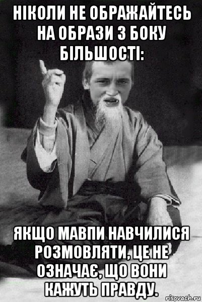 ніколи не ображайтесь на образи з боку більшості: якщо мавпи навчилися розмовляти, це не означає, що вони кажуть правду., Мем Мудрий паца