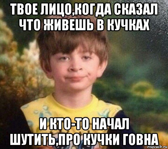 твое лицо,когда сказал что живешь в кучках и кто-то начал шутить,про кучки говна, Мем Недовольный пацан