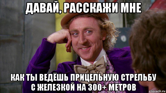 давай, расскажи мне как ты ведёшь прицельную стрельбу с железкой на 300+ метров, Мем Ну давай расскажи (Вилли Вонка)