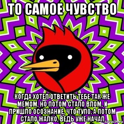 то самое чувство когда хотел ответить тебе так же мемом, но потом стало влом, и пришло осознание, что тупо, а потом стало жалко, ведь уже начал, Мем Омская птица