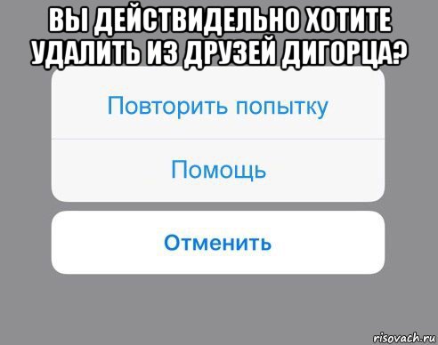 вы действидельно хотите удалить из друзей дигорца? , Мем Отменить Помощь Повторить попытку