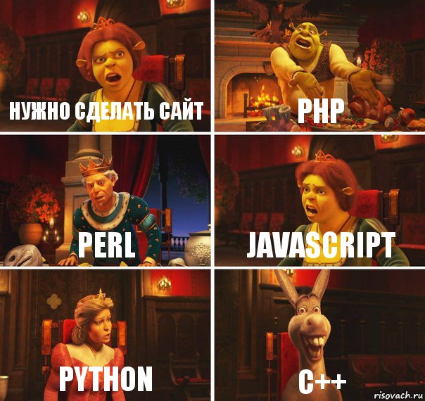 Нужно сделать сайт PHP Perl JAVAscript Python C++, Комикс  Шрек Фиона Гарольд Осел