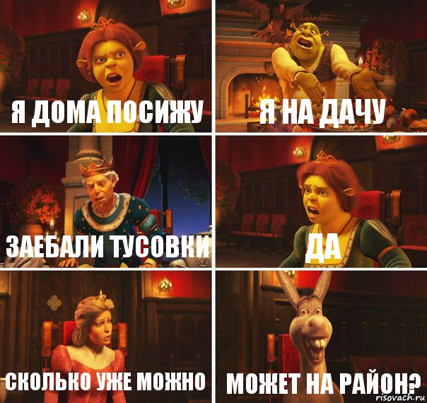 я дома посижу я на дачу заебали тусовки да сколько уже можно МОЖЕТ НА РАЙОН?, Комикс  Шрек Фиона Гарольд Осел