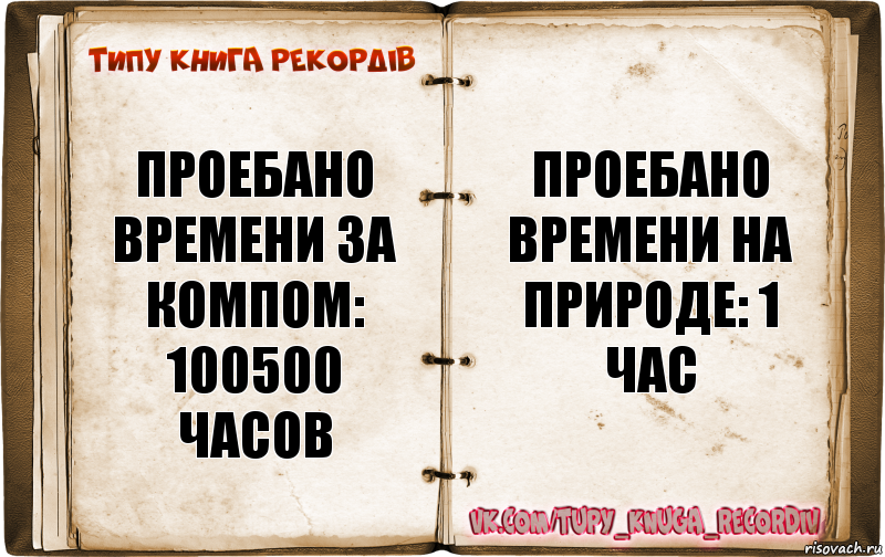 Проебано времени за компом: 100500 часов Проебано времени на природе: 1 час, Комикс  Типу книга рекордв