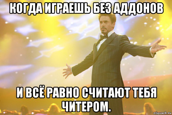 когда играешь без аддонов и всё равно считают тебя читером., Мем Тони Старк (Роберт Дауни младший)