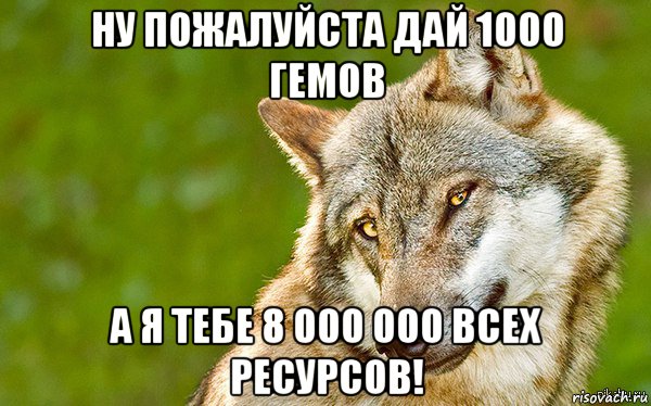 ну пожалуйста дай 1000 гемов а я тебе 8 000 000 всех ресурсов!, Мем   Volf