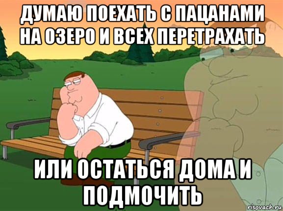 думаю поехать с пацанами на озеро и всех перетрахать или остаться дома и подмочить, Мем Задумчивый Гриффин