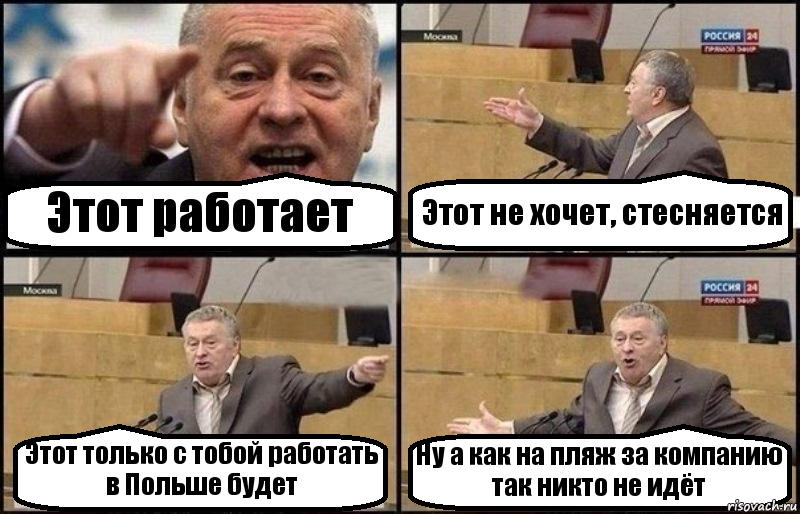 Этот работает Этот не хочет, стесняется Этот только с тобой работать в Польше будет Ну а как на пляж за компанию так никто не идёт, Комикс Жириновский