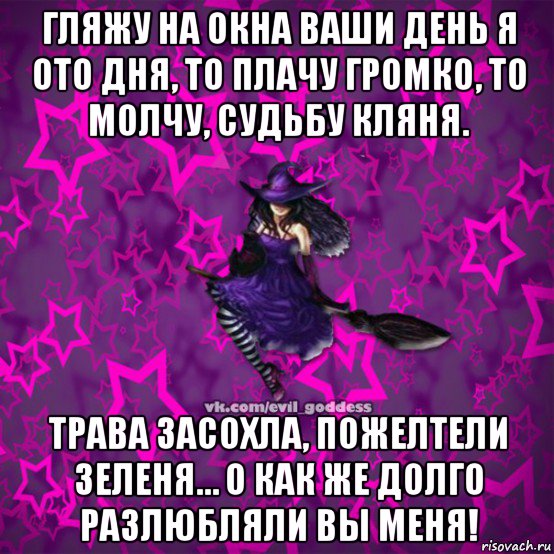 гляжу на окна ваши день я ото дня, то плачу громко, то молчу, судьбу кляня. трава засохла, пожелтели зеленя… о как же долго разлюбляли вы меня!, Мем Зла Богиня