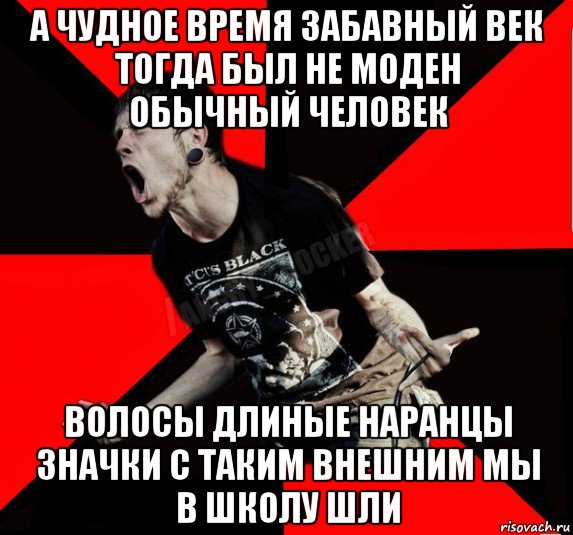 а чудное время забавный век тогда был не моден обычный человек волосы длиные наранцы значки с таким внешним мы в школу шли, Мем Агрессивный рокер