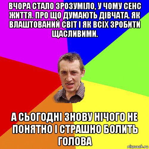 вчора стало зрозуміло, у чому сенс життя. про що думають дівчата. як влаштований світ і як всіх зробити щасливими. а сьогодні знову нічого не понятно і страшно болить голова, Мем Чоткий паца