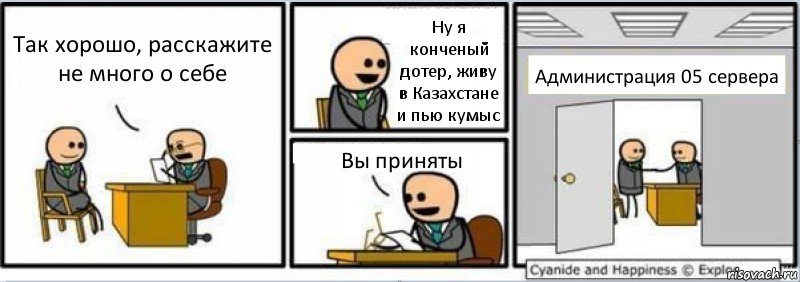 Так хорошо, расскажите не много о себе Ну я конченый дотер, живу в Казахстане и пью кумыс Вы приняты Администрация 05 сервера, Комикс Собеседование на работу