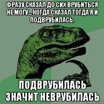 фразу сказал до сих врубиться не могу… когда сказал тогда я и подврубилась. подврубилась значит неврубилась, Мем Филосораптор