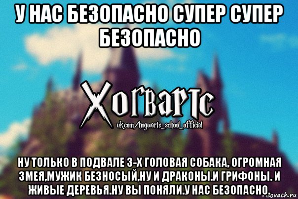 у нас безопасно супер супер безопасно ну только в подвале 3-х головая собака, огромная змея,мужик безносый,ну и драконы.и грифоны. и живые деревья.ну вы поняли.у нас безопасно., Мем Хогвартс