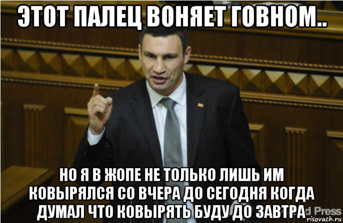 этот палец воняет говном.. но я в жопе не только лишь им ковырялся со вчера до сегодня когда думал что ковырять буду до завтра, Мем кличко философ