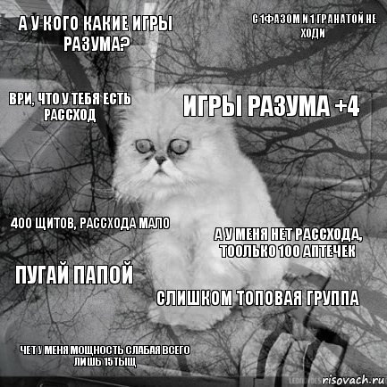 А у кого какие игры разума? А у меня нет рассхода, тоолько 100 аптечек Игры Разума +4 Чет у меня мощность слабая всего лишь 15тыщ 400 щитов, рассхода мало С 1фазом и 1 гранатой не ходи Слишком топовая группа Ври, что у тебя есть рассход Пугай папой , Комикс  кот безысходность