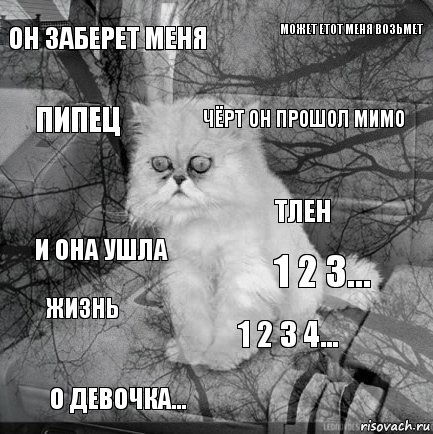 он заберет меня 1 2 3... чёрт он прошол мимо о девочка... и она ушла может етот меня возьмет 1 2 3 4... пипец жизнь тлен, Комикс  кот безысходность