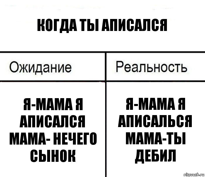 когда ты аписался я-мама я аписался
мама- нечего сынок я-мама я аписалься
мама-ты дебил, Комикс  Ожидание - реальность