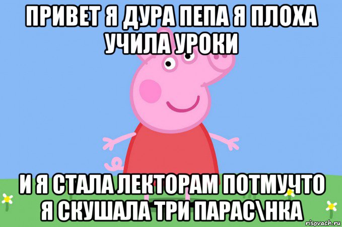 привет я дура пепа я плоха учила уроки и я стала лекторам потмучто я скушала три парас\нка, Мем Пеппа