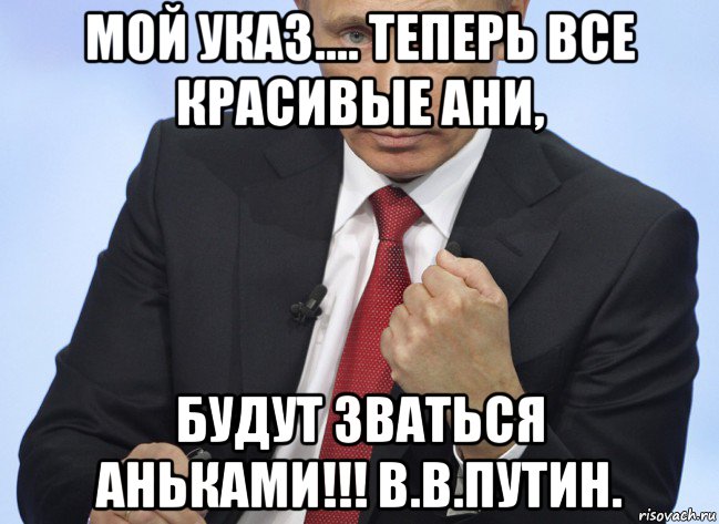 мой указ.... теперь все красивые ани, будут зваться аньками!!! в.в.путин., Мем Путин показывает кулак