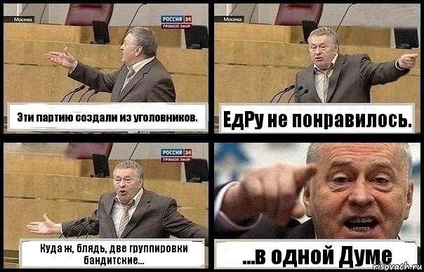 Эти партию создали из уголовников. ЕдРу не понравилось. Куда ж, блядь, две группировки бандитские... ...в одной Думе, Комикс с Жириновским