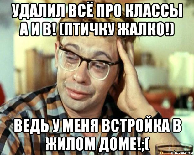 удалил всё про классы а и в! (птичку жалко!) ведь у меня встройка в жилом доме!;(, Мем Шурик (птичку жалко)