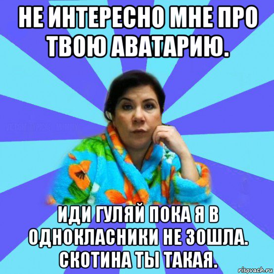 не интересно мне про твою аватарию. иди гуляй пока я в однокласники не зошла. скотина ты такая., Мем типичная мама