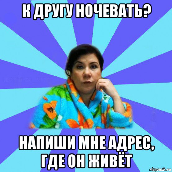 к другу ночевать? напиши мне адрес, где он живёт, Мем типичная мама