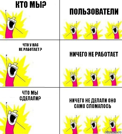 кто мы? пользователи что у нас
не работает ? ничего не работает что мы
сделали? ничего не делали оно само сломалось, Комикс Кто мы и чего мы хотим