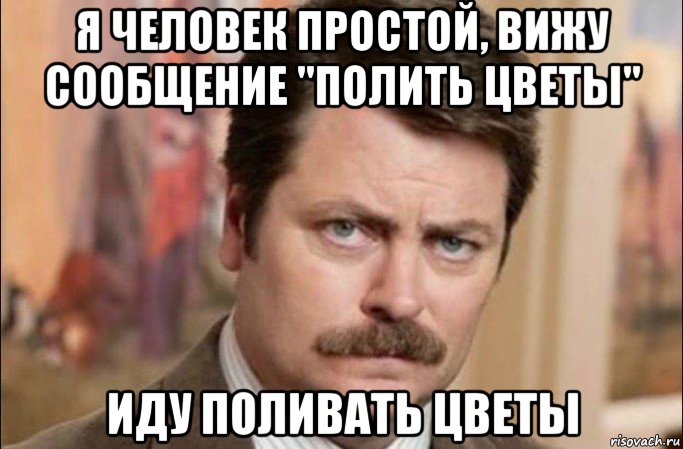 я человек простой, вижу сообщение "полить цветы" иду поливать цветы, Мем  Я человек простой