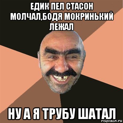 едик пел стасон молчал,бодя мокринький лежал ну а я трубу шатал, Мем Я твой дом труба шатал