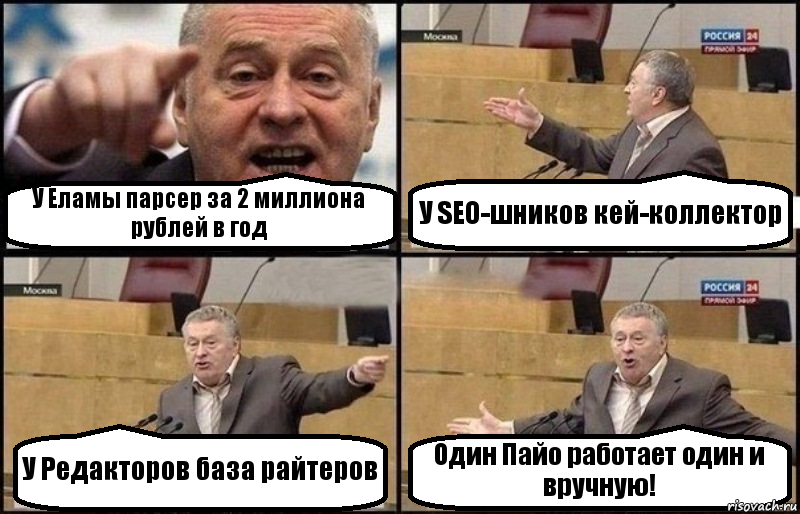 У Еламы парсер за 2 миллиона рублей в год У SEO-шников кей-коллектор У Редакторов база райтеров Один Пайо работает один и вручную!, Комикс Жириновский